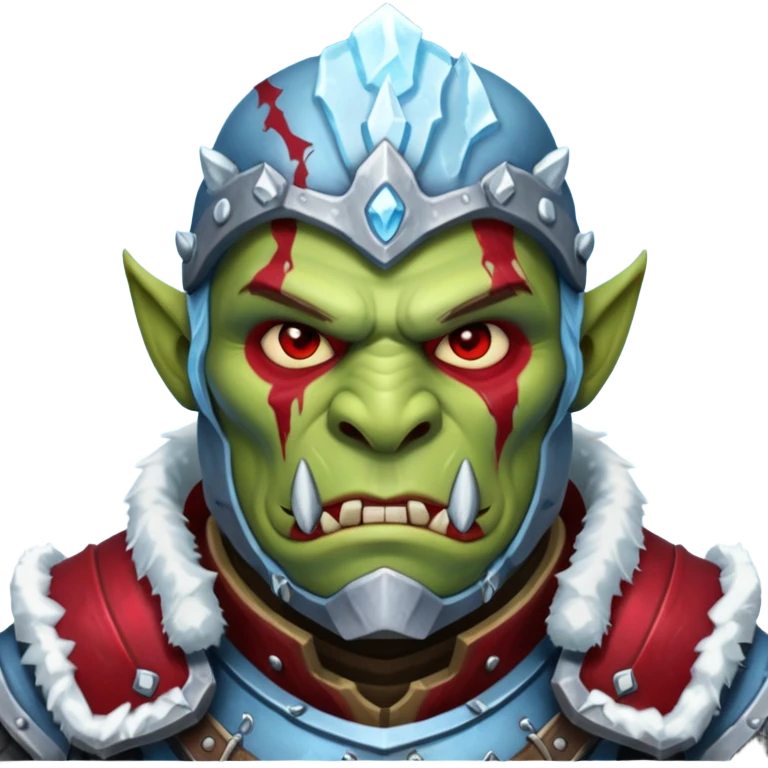 
Fantasy Christmas orc legion soldier icon, iron tundra army theme, heavy winter armor, disciplined brutal look, icy blue steel armor with deep crimson accents, frozen metal texture, cold winter atmosphere, male variant emoji