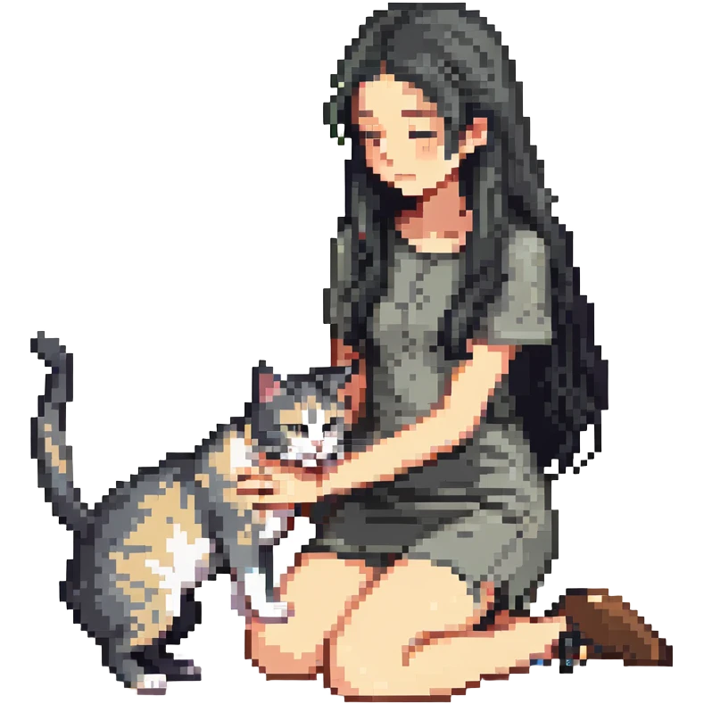 beautiful girl with long black hair standing petting a gray and blonde mixed cat rubbing against her leg, pixel art style emoji