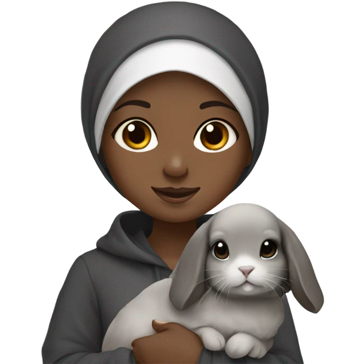 Black Muslim girl holding her cute gray holland lop emoji