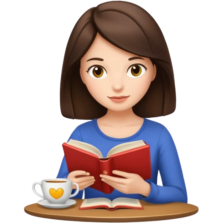 Jane Austen inspired brunette character reading a book with a teacup nearby, emoji style emoji