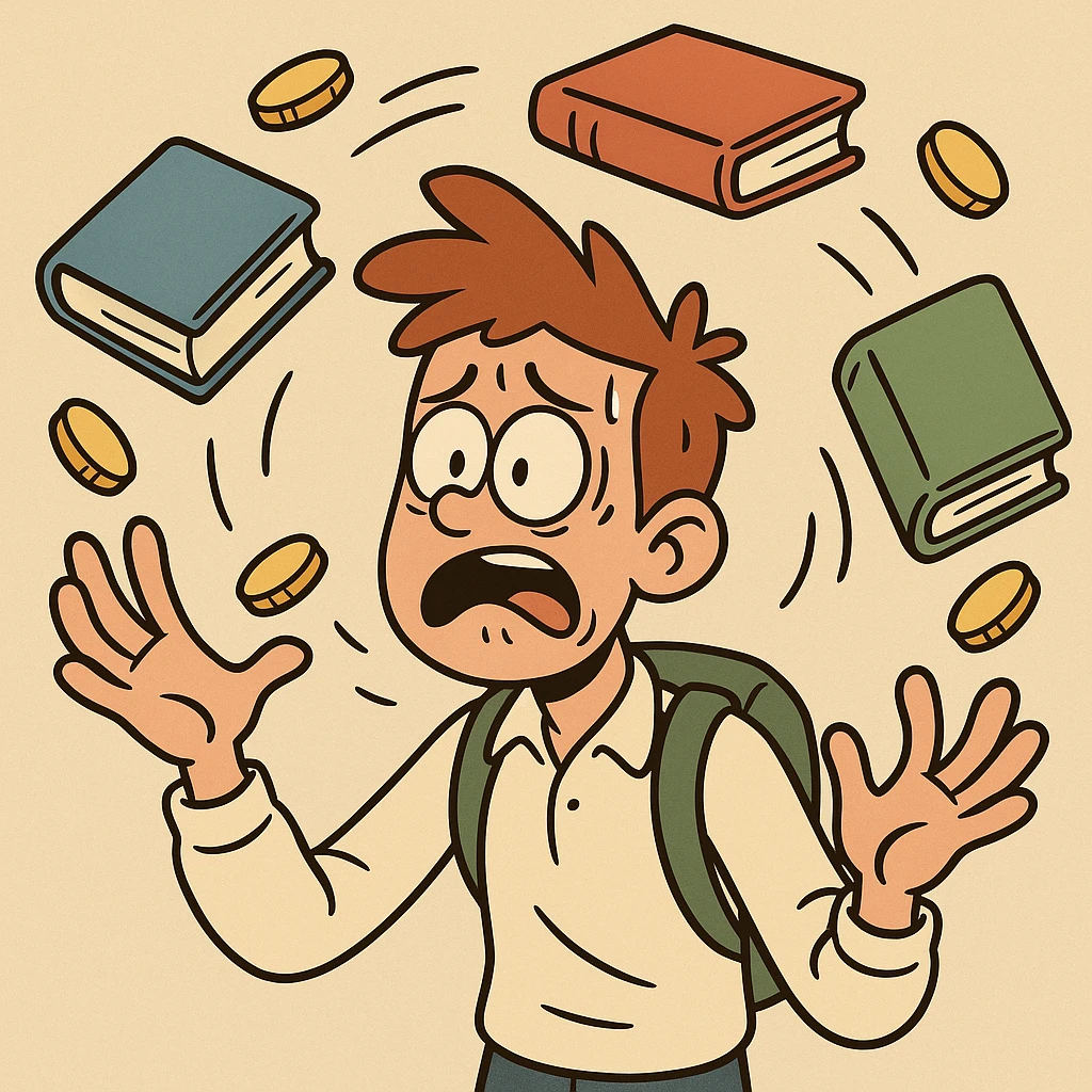 A cartoon student juggling books and coins, looking stressed emoji