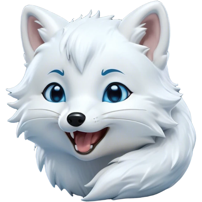 Cinematic Cute Yawning Arctic Fox Portrait Emoji, Head tilted slightly with a dramatic, wide-open yawn, showcasing a soft, downy white Fur with subtle icy blue accents and gently drooping ears, round eyes barely open in drowsy contentment, Simplified yet irresistibly adorable features, highly detailed, glowing with a soft, cozy glow, high shine, relaxed yet expressive, stylized with a touch of arctic whimsy, bright and endearing, soft glowing outline, capturing the essence of a sleepy yet affectionate arctic fox, so drowsy it feels like it could stretch out of the screen and curl up for a nap! emoji
