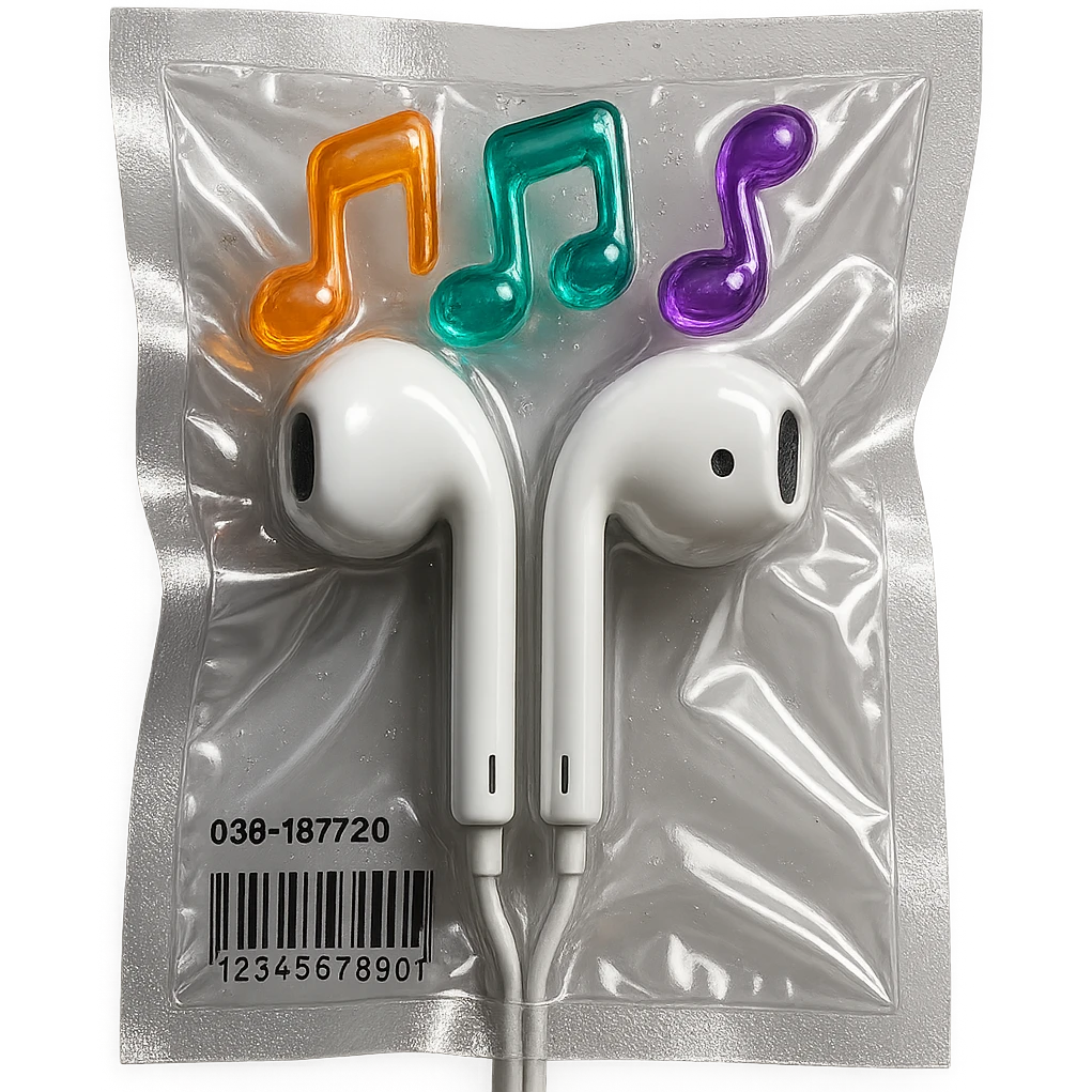 pair of white EarPods with three colorful transparent music notes in orange, teal, and violet arranged above, shiny and puffy emoji