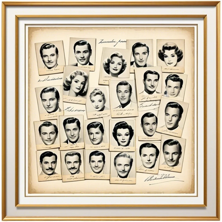 Icon for Autograph Collecting: several vintage framed with signatures of famous celebrities sheets stacked one on top of the other, each . The icon should evoke the charm and history of collecting autographs. Transparent background. emoji