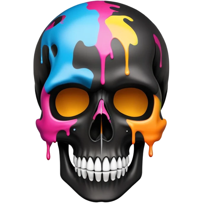 sleek black skull with colorful graffiti paint and brand logos contained within the skull shape, no drips extending beyond the skull outline, front view emoji