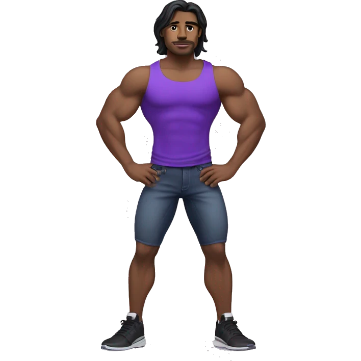 Workout man with muscles in purple jeans and black hairs emoji