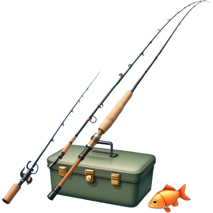 Icon for Fishing: a fishing rod with a line in the water, a tackle box, a fish on the hook, and a peaceful lake or river background. The icon should capture the calm and skill of fishing. Transparent background. emoji