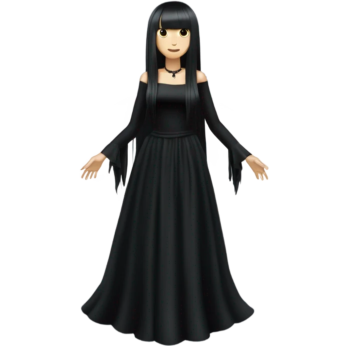  one single goth women full body, wearing long big bell arms, black dress, long hair with bangs, white skin, dark hair,  emoji