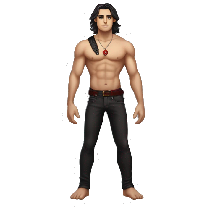A strong buff fae male dressed in black with long brown hair large black wings  and a red charm in the middle of chest emoji