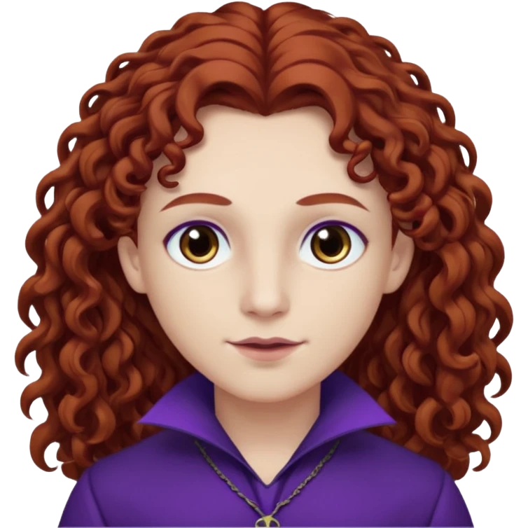 Armand with white skin, brown eyes , long auburn curly hair, dark purple outfit emoji