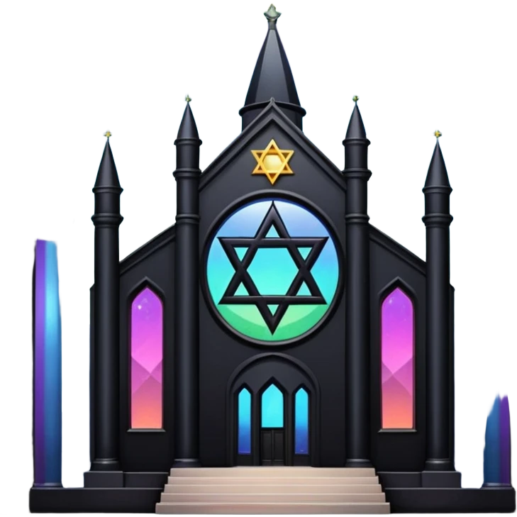 jewish synagogue temple in dark goth aesthetic style with black building and light rainbow tint glass windows and star of david and celestial symbolism emoji