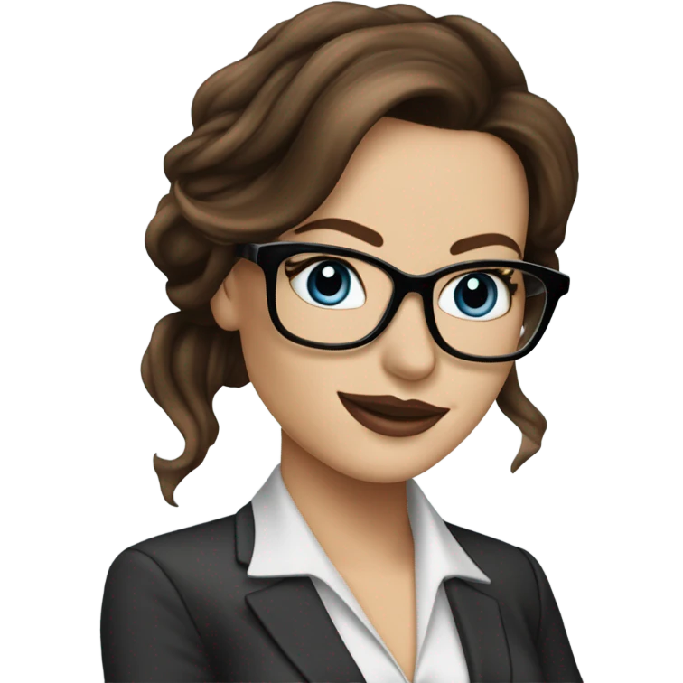 Realistic Kate Beckinsale blue eyes wearing glasses in a business dress drinking coffee  emoji