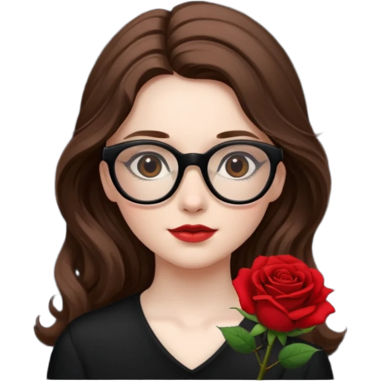 Una ragazza con capelli castani mossi e lunghi e indossi occhiali neri e con una piccola rosa nella testa emoji