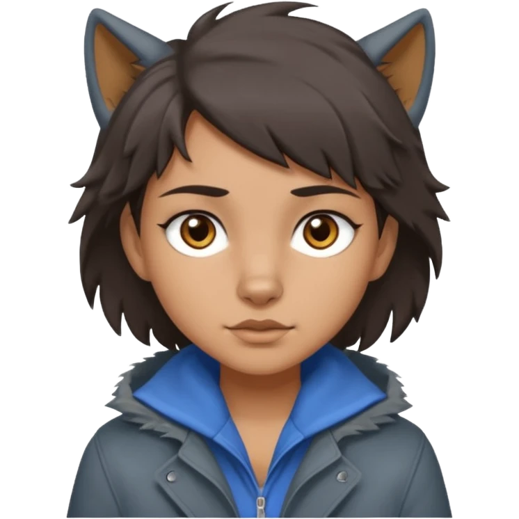 Hobo tomboy with dark brown hair in a wolf cut style, brown eyes, dirty dark grey coat, blue-grey shirt. emoji