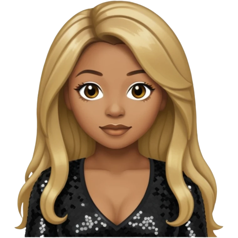LaTavia Robeson with long dark blonde hair, black sequin outfit emoji