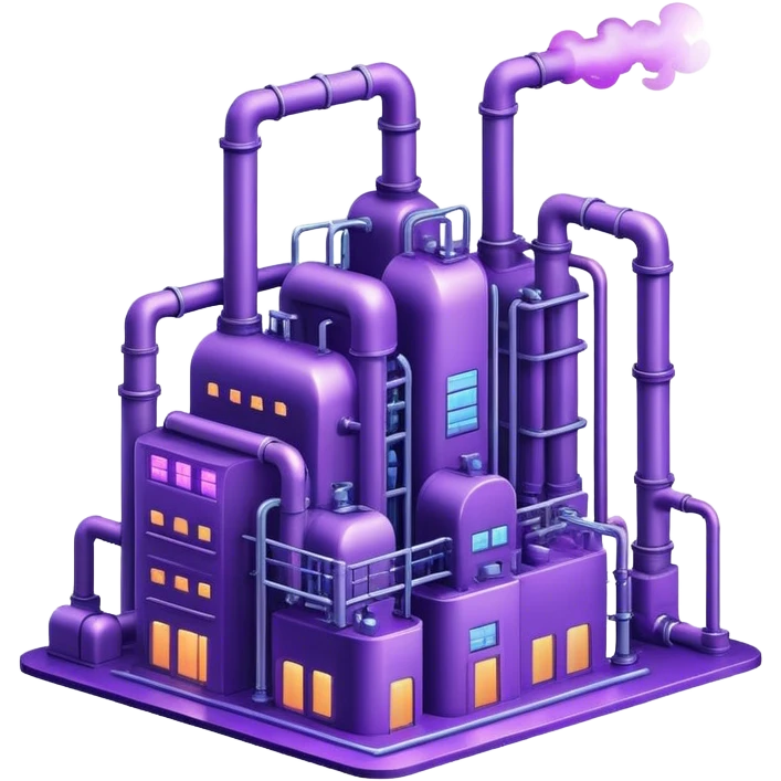 AI-powered factory. It should be a building with pipes. Add violet glowing symbolizing power of AI emoji