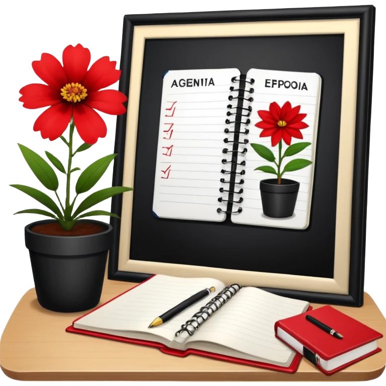 Cartel en español que diga F U E R A    D E    O F I C I N A y detrás un escritorio moderno, con una notebook, una agenda y una planta con una flor emoji