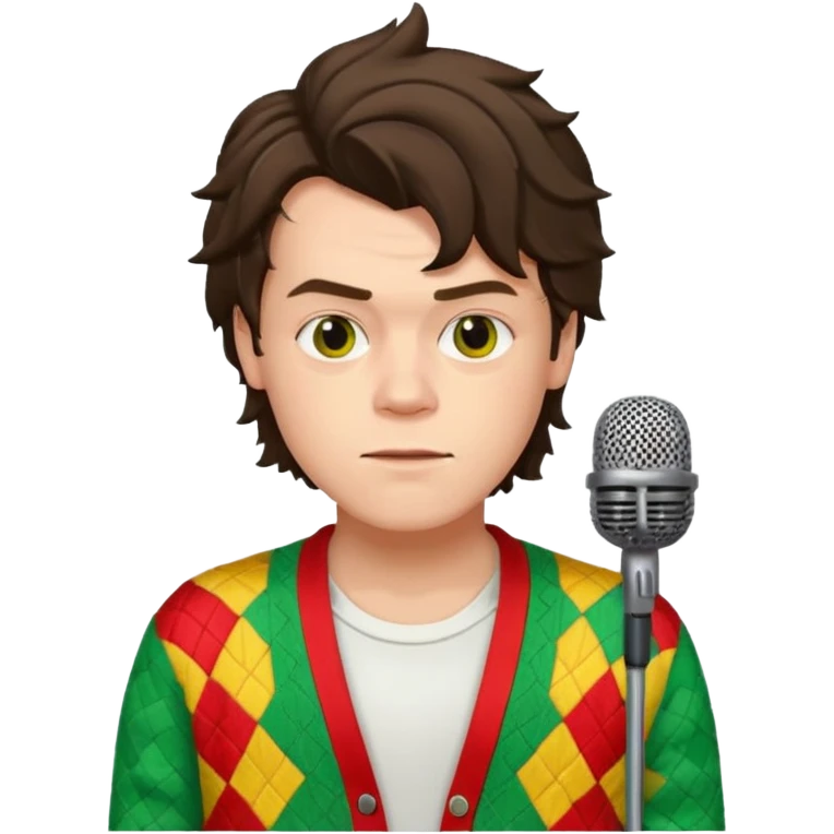 harry styles with a mic, he is wearing a patchwork colorful (red, yellow,green) cardigan and a white t-shirt under emoji