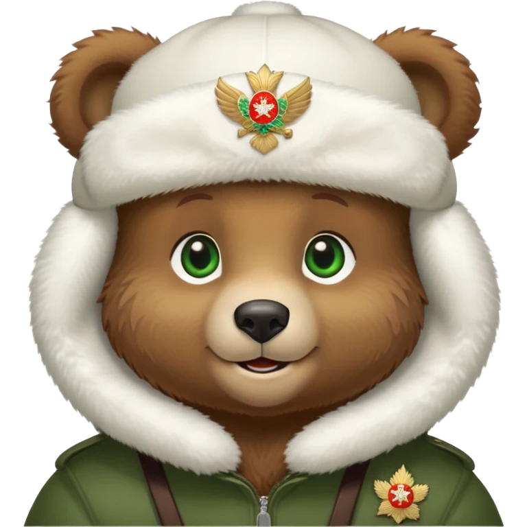 Adorable brown bear cub with innocent green eyes and gentle smile, pure white fluffy ushanka hat with prominent Russian Federation emblem, iOS emoji style emoji