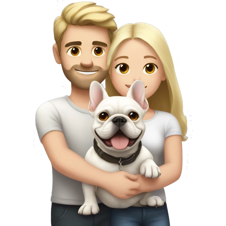 A dark-haired girl and a blonde guy hug a white French bulldog emoji