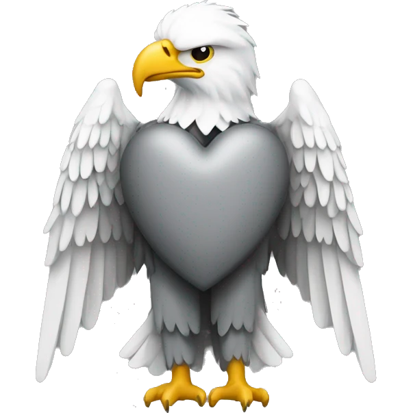 white headless eagle figure on grey background and heart emoji