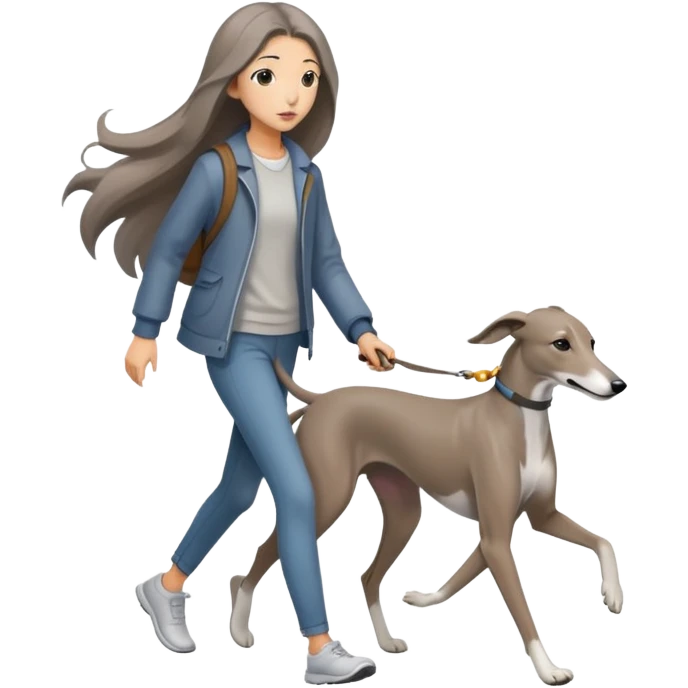 Japanese girl with flowing hair walking a solid grey greyhound with no white markings emoji