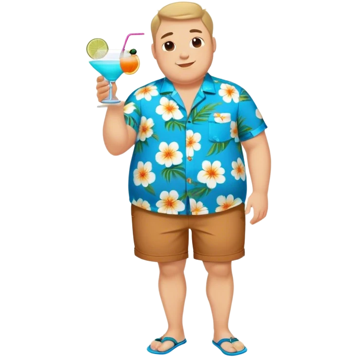 chubby guy full figure in a flowered azure havai shirt, brown shorts and flippers holding a cocktail emoji