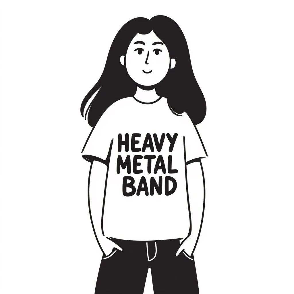 A person with long black hair, wearing a heavy metal band shirt, with a cool smirk on their face emoji