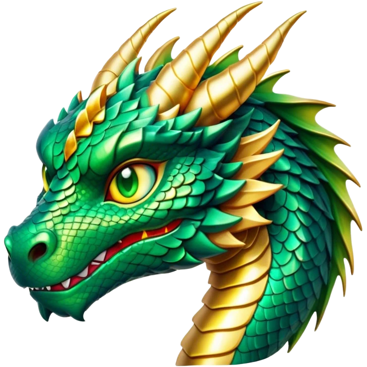 Cinematic Noble Dragon Portrait Emoji, Poised and majestic, with a sinuous, elongated body covered in intricately detailed, shimmering scales in hues of emerald and gold, and piercing, fiery eyes that reflect ancient wisdom; rendered with lifelike texture and natural highlights, high shine, intelligent and formidable, styled with an aura of mythic power, focused and attentive, soft glowing outline, capturing the essence of a legendary dragon that appears ready to soar out of the screen with timeless authority! emoji