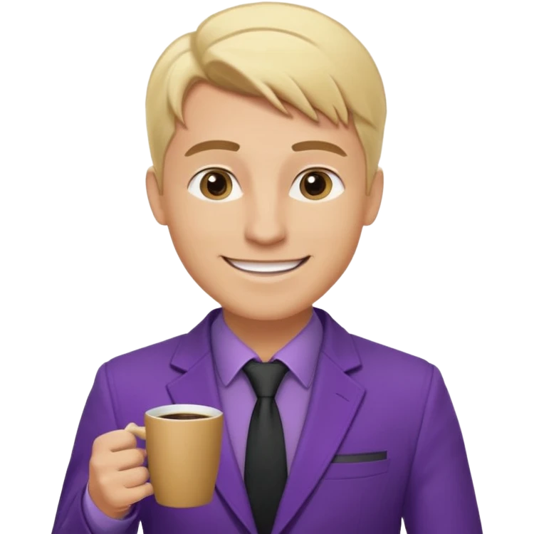 Confident and outgoing male entrepreneur, Caucasian features, blonde hair, big friendly smile, expressive eyes, defined eyebrows, wearing a purple blazer over a black shirt, holding a smartphone in one hand and a coffee cup in the other, waist-up, front-facing emoji