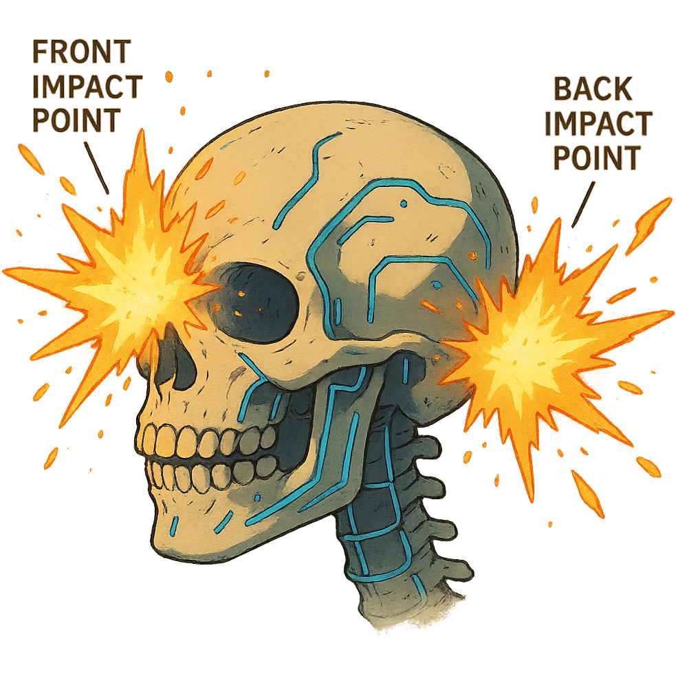 a skull exploding, anatomical diagram, front and back impact points, cyberpunk futuristic emoji