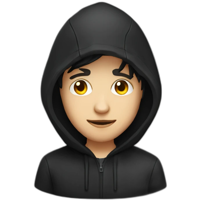 Young white developer with a black hood behind his computer emoji