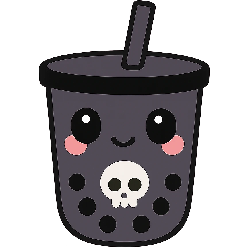 kawaii style gothic boba tea, adorable face, black cup with skull motif, pastel purple background, blushing cheeks, cute and mysterious emoji