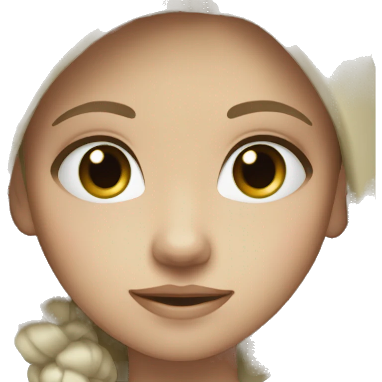 White tan girl with dark but bright brown hair with blueish green eyes emoji