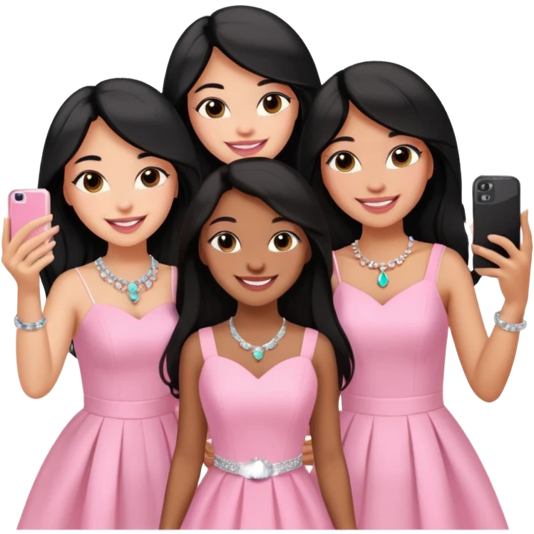 Just 3 besties with professional glammed up looks wearing pink and white, medium skin tone smiling big with black long hair. Very girly wearing jewelry, taking a selfie  emoji