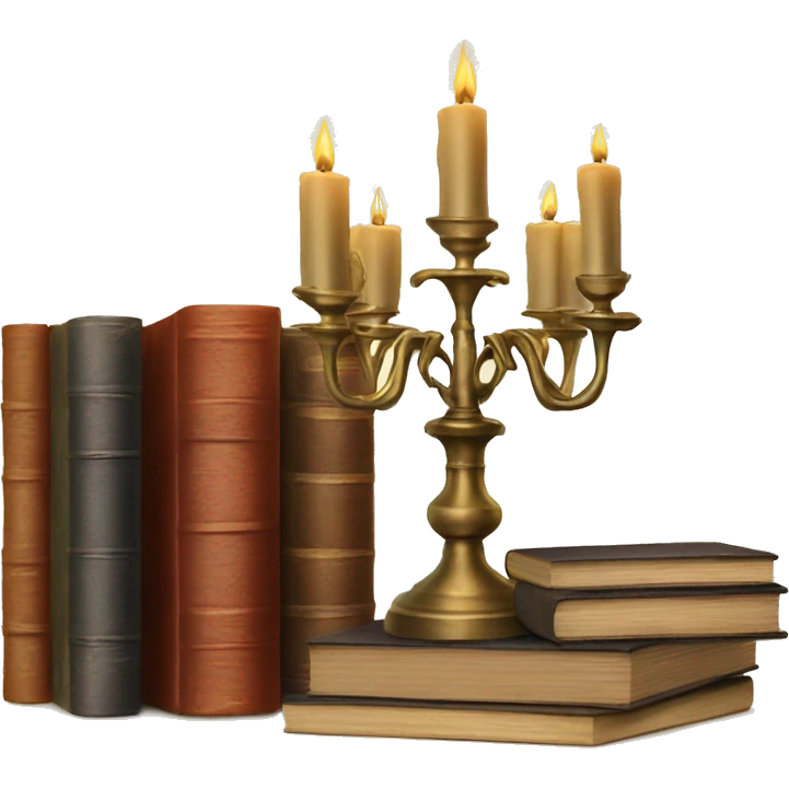 Vintage candelabra with stack of old books behind emoji