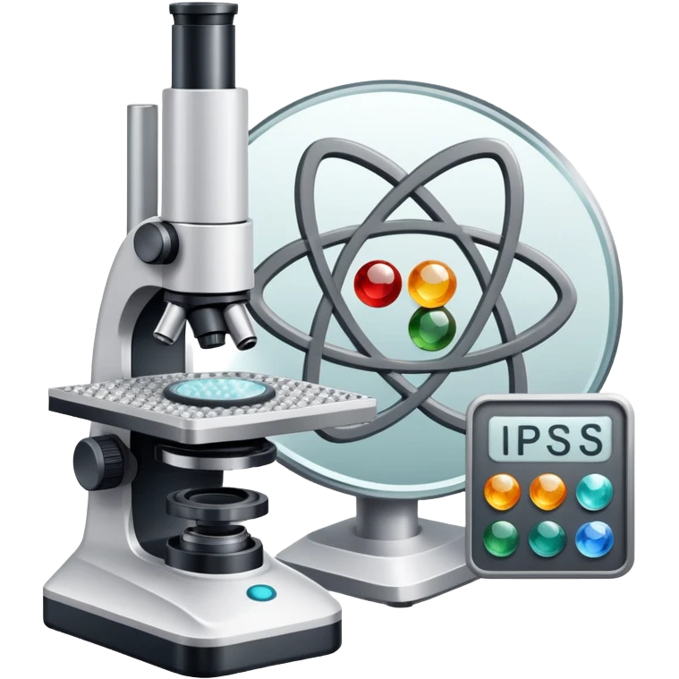 An icon featuring two-ocular electron microscope, a metal alloy, atomic structure symbols, a crystal structure. The design includes different materials like metals, ceramics and polymers, alongside a stamp representing testing and quality control. Transparent background emoji