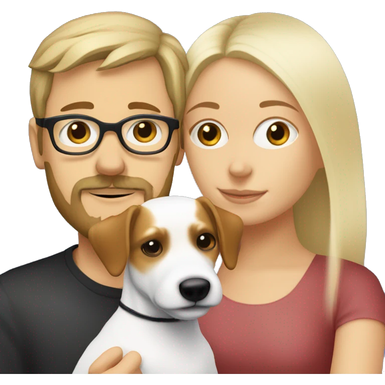 White blonde girl and a white men with brown hair, glasses, a little Beard and moustache, both cuddling a jack Russell emoji