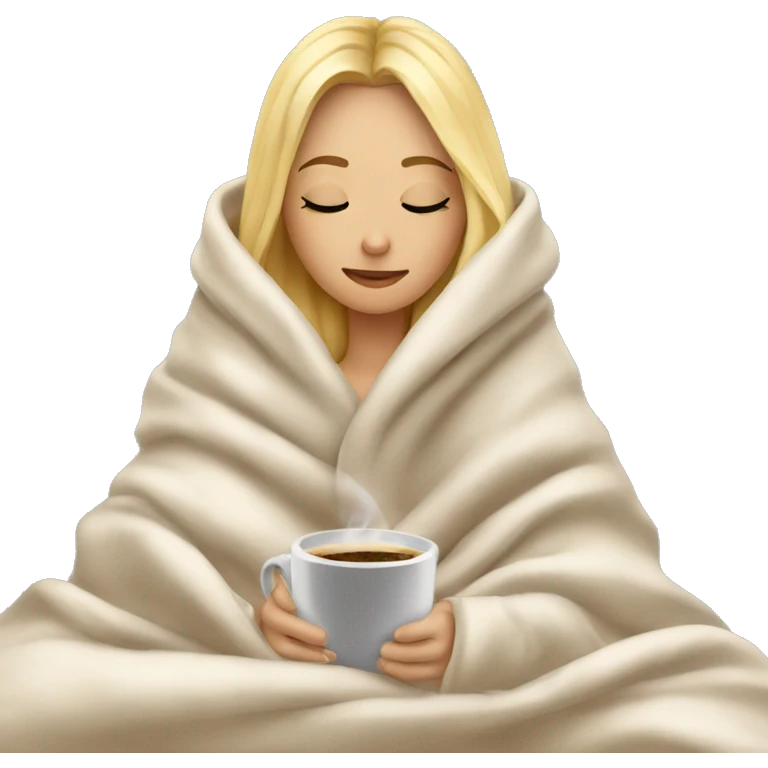 Blonde girl inside a blanket sipping coffee eyes closed emoji