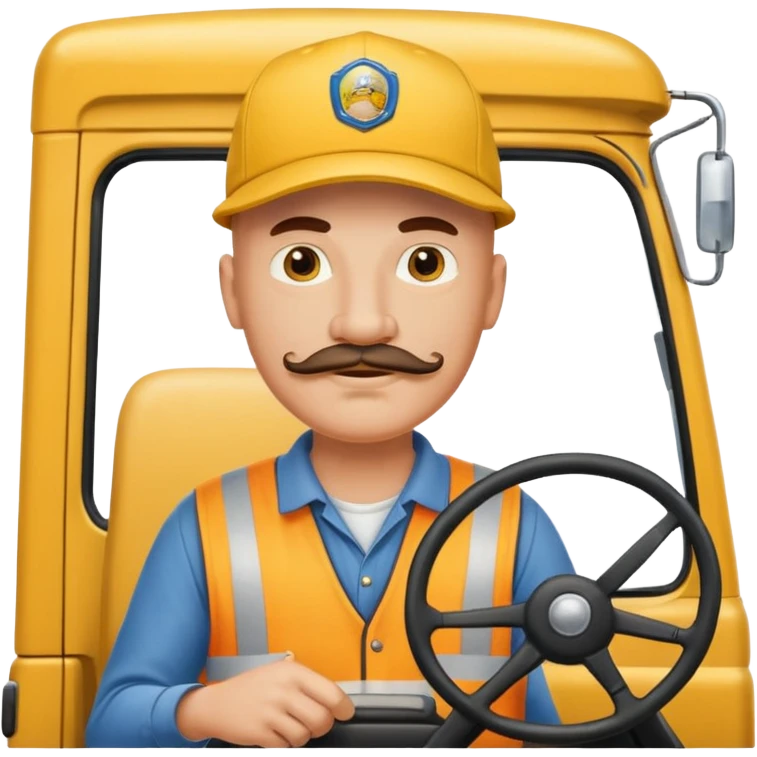 bald truck driver with mustache and baseball cap driving yellow semi sleeper truck emoji