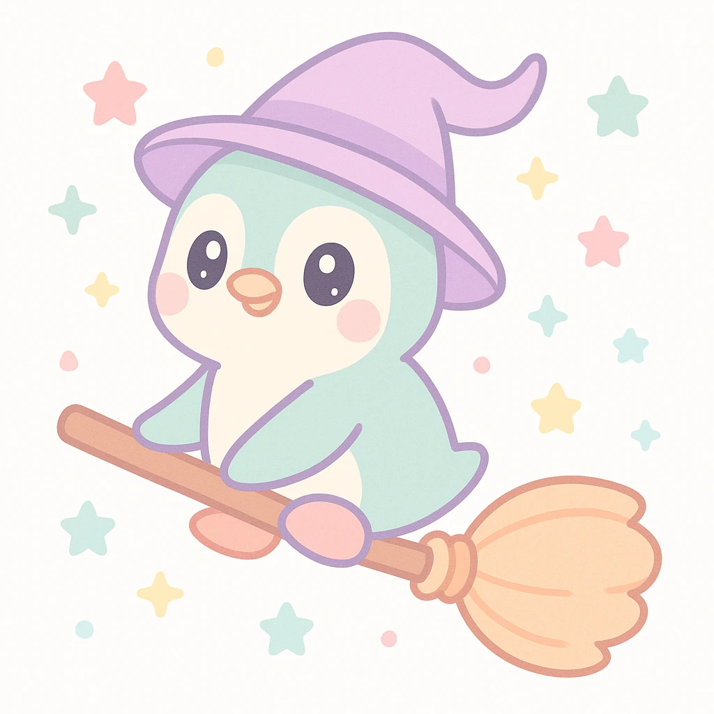 a playful penguin wizard flying on a broomstick, with a wizard hat flapping in the wind, cartoon style emoji