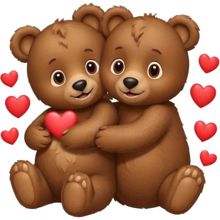 girl bear and boy bear hugging, surrounded by hearts, playful and loving, cute emoji