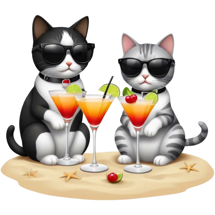 two cats black and white drinking cocktails on the beach emoji