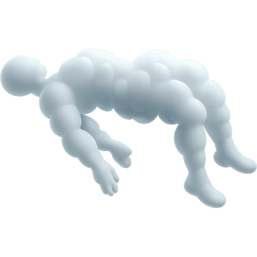 side view of unconscious person flying torso up, legs and arms down, made of small very bright white fluffy convex clouds, matte glass style emoji