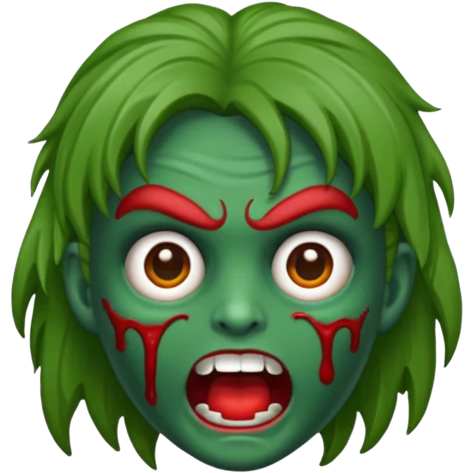 emoji de zumbi estilo WhatsApp, cabeça verde, cabelo cacheado vermelho volumoso, olhos brancos brilhando, expressão divertida e assustadora, cartoon, linhas limpas, fundo transparente, qualidade alta emoji