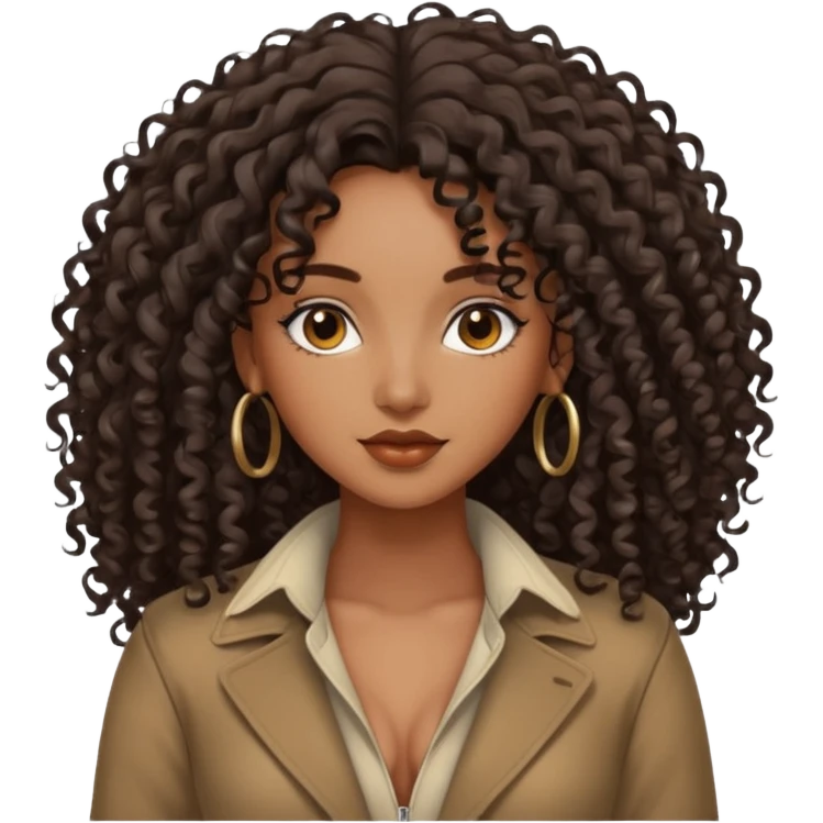 brown skinned lady with curly black hair, shoulder long hair, messy, nice curves emoji