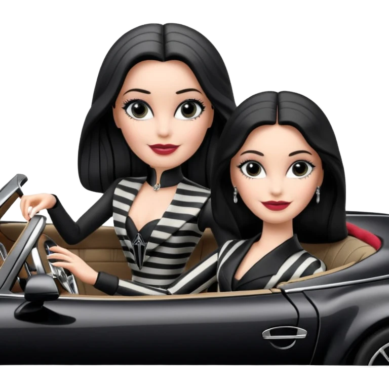 Darth Vader Barbie, 1910 teen Morticia Addams from academy, in dark-gray and black striped outfit. Smiling Driving Mercedes 450 convertible sports car. Pale-white porcelain skin.  emoji