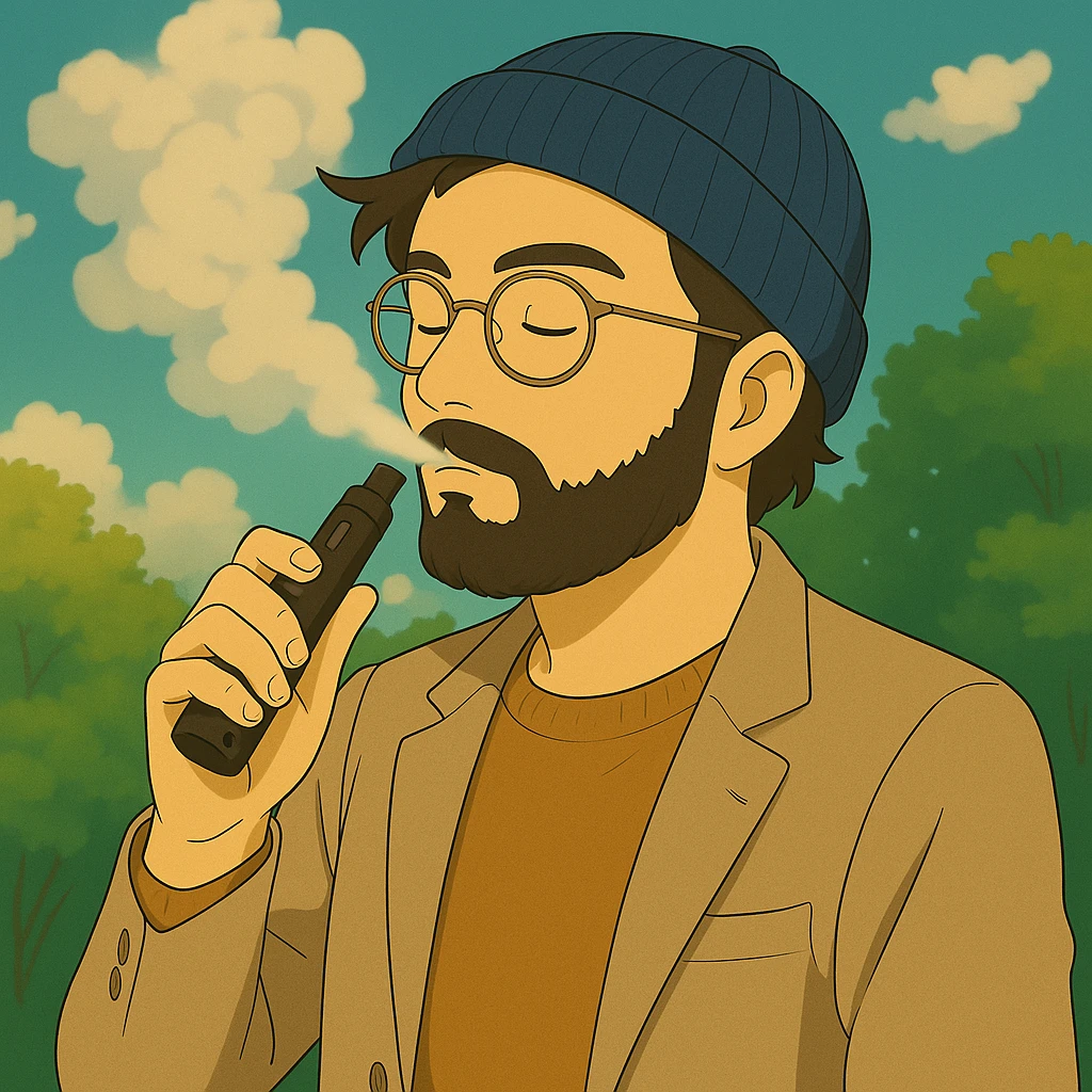 Make the guy vaping look more hipster by adding features like a beard, glasses, and trendy clothes in Ghibli style. Keep the background as is. emoji
