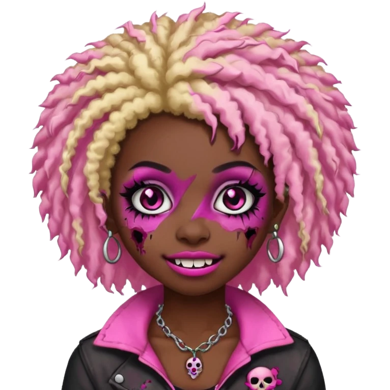 girl, zombie,pink and blonde afro, medium long, emo, shaggy, dark, spooky,double eyebrow dermal piercing, cute illuminous smile emoji