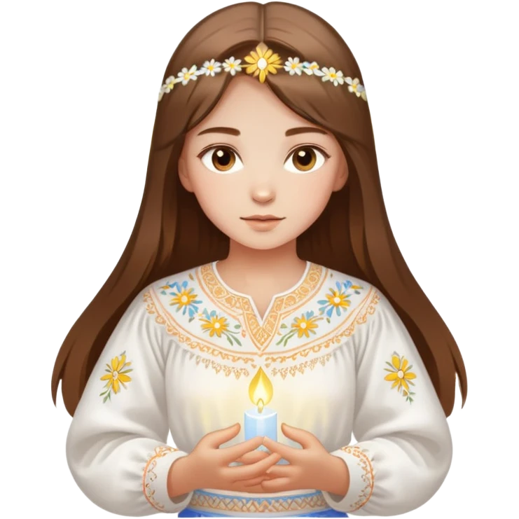 Ukrainian young girl with brown hair wearing a traditional white embroidered vyshyvanka shirt, holding a glowing ethereal light representing her soul emoji